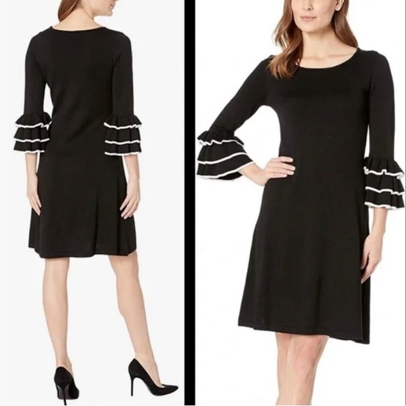 Gabby Skye Tiered Bell Sleeve Rayon Knit Sweater Dress Women’s Large Black - Picture 2 of 9